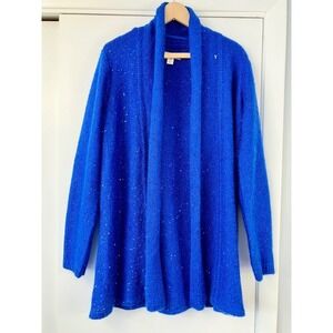 Laura Ashley Blue Sequin Knit Open Front Cardigan Sweater Long Sleeve M